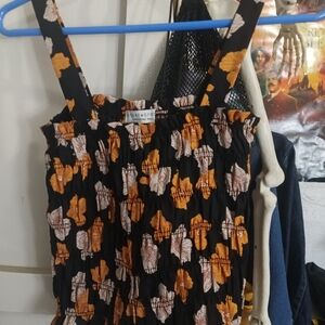 Paper Crane Black Dress with Orange and White Floral Design
